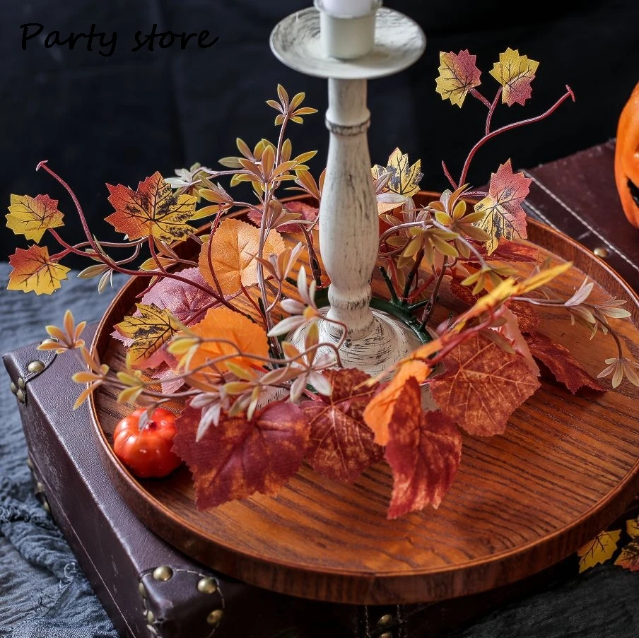 Halloween Maple Leaf Candlestick Wreath Artificial Flower Christmas Party Table Decoration Leave Ring Candlestick Home Decor