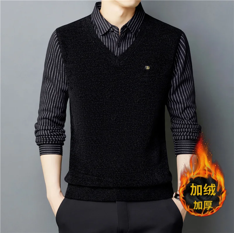 

Winter Fleece Thickened Chenille Splicing Shirt Collar Fashion Warm Clothes Middle-aged Men's Fake Two-piece Bottoming Shirt