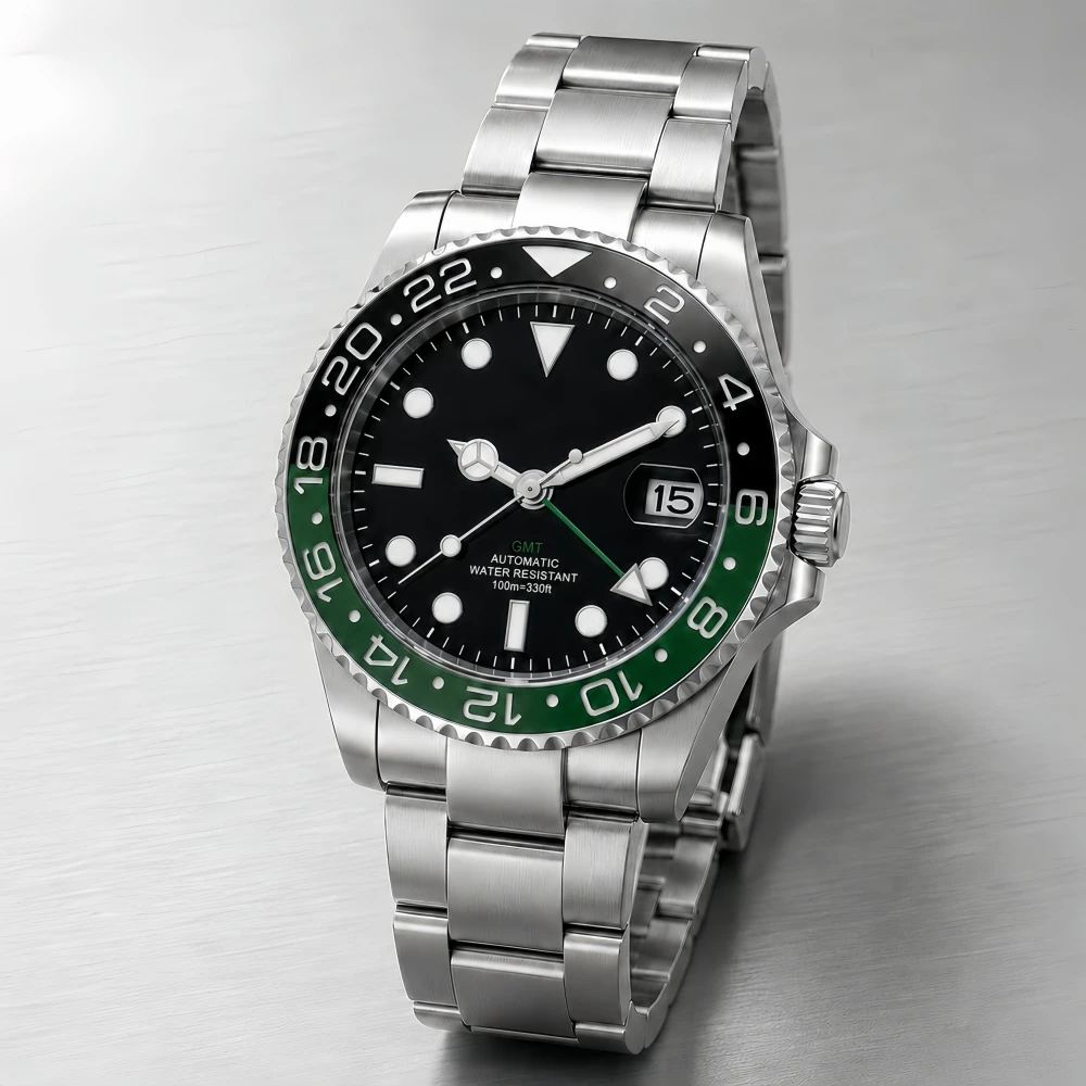 LARIMOKER 36mm38mm NH34 GMT Automatic mechanical watch Black Green Ceramic Bezel Sapphire Glass Stainless Steel Sliding Bracelet