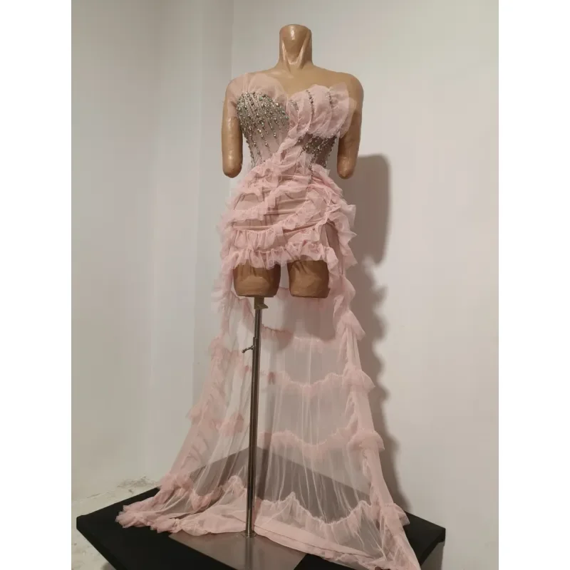 Pink Mesh Tube Top and Slim Mini Skirt Set for Women Nightclub Bar Dance Performance Sexy Sheer Crop Top with Matching Cake