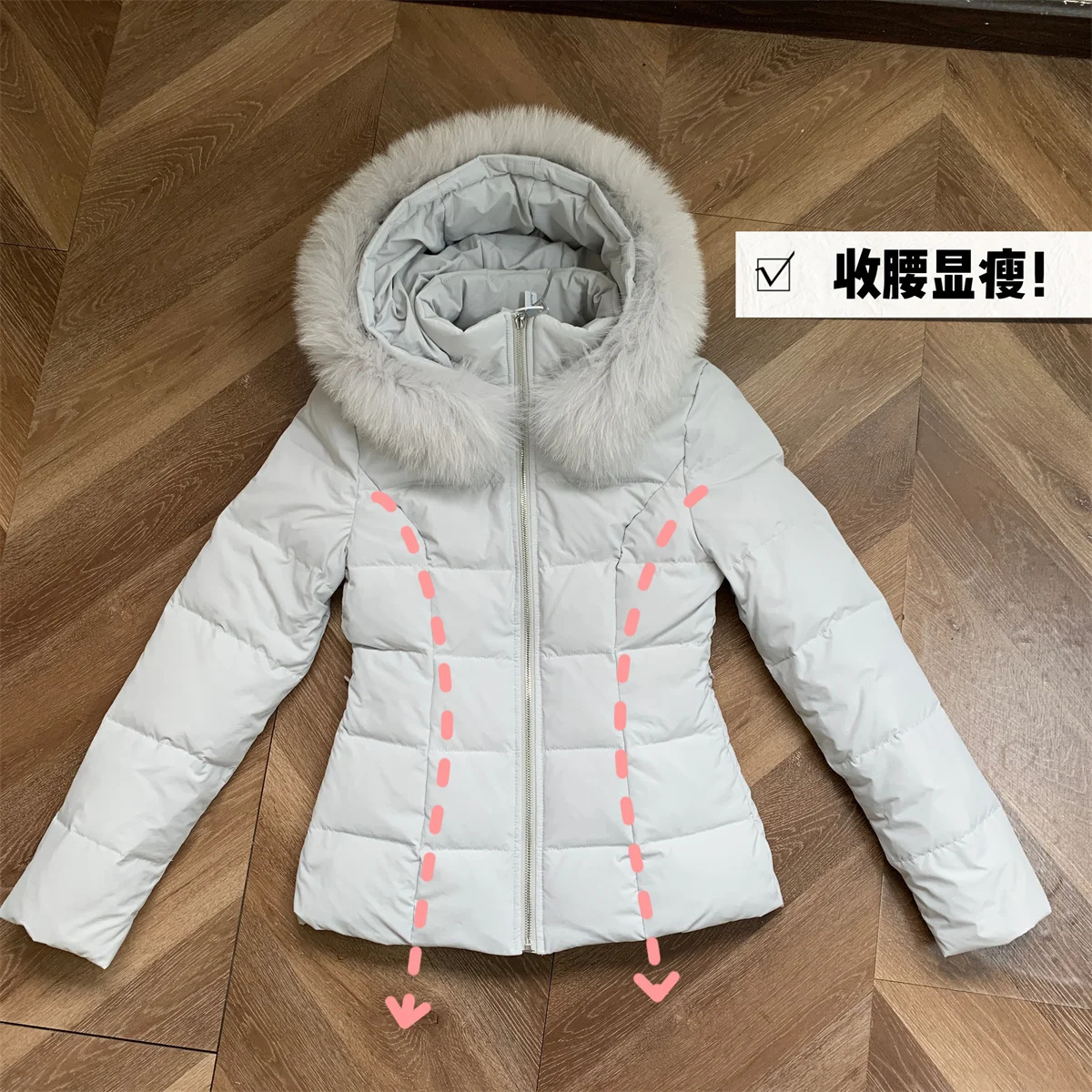 Women\'s Winter Fox Fur Collar Hooded Thick Warm White Duck Down Coat Lady Solid Color Long Sleeve Slim Down Jacket Outwear