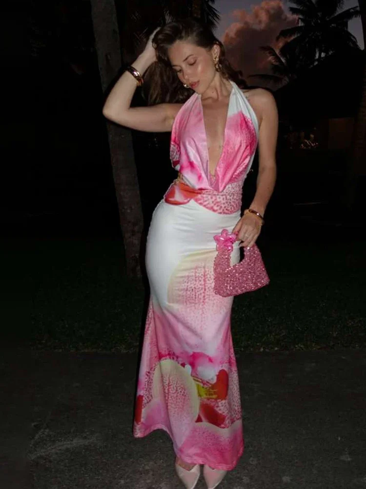 

BluWin Colorful Print Maxi Dress Women Halter Swing Collar Sleeveless Backless Vacation Beach Party Skinny Elegant Vestidos
