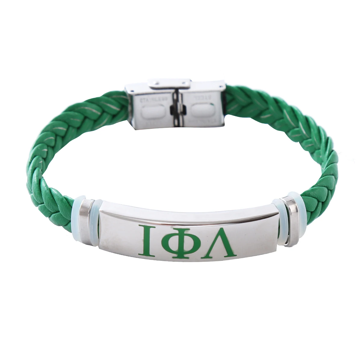 Custom Green Leather Chain Stainless Steel Engraved Greek Letters Sorority Lady Group Iota Phi Lambda Bracelets