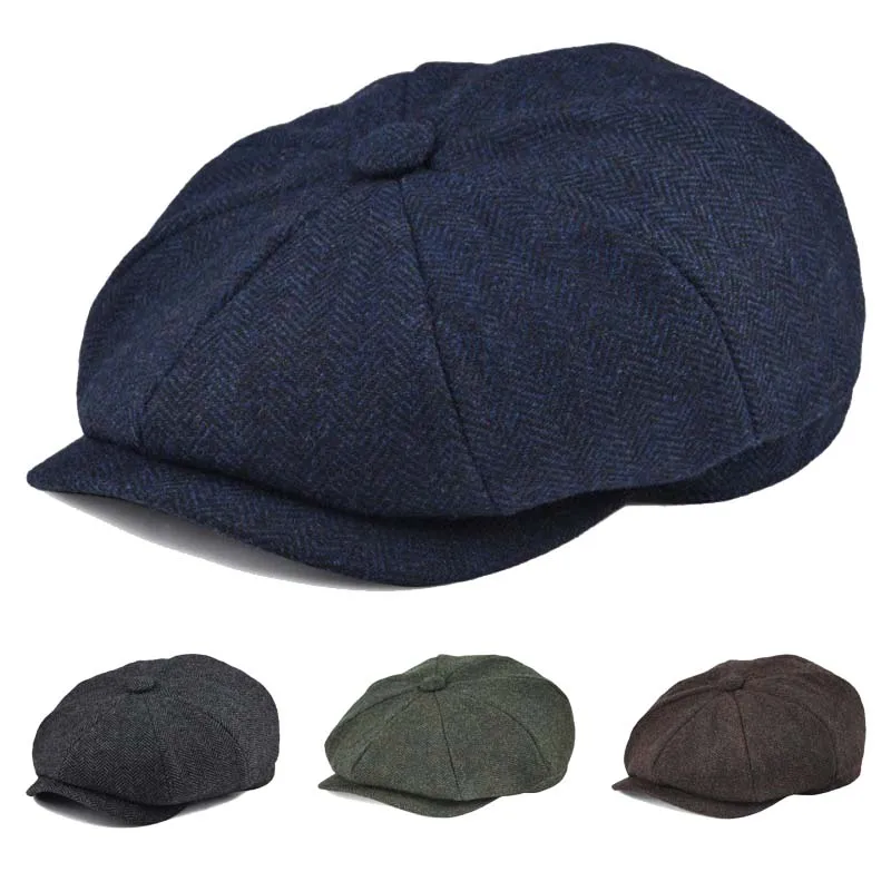 New Vintage Wool Tweed Navy Blue Herringbone Newsboy Cap unisex 8-Quarter Panel Style Flat Caps Women Driver Beret Shelby hat