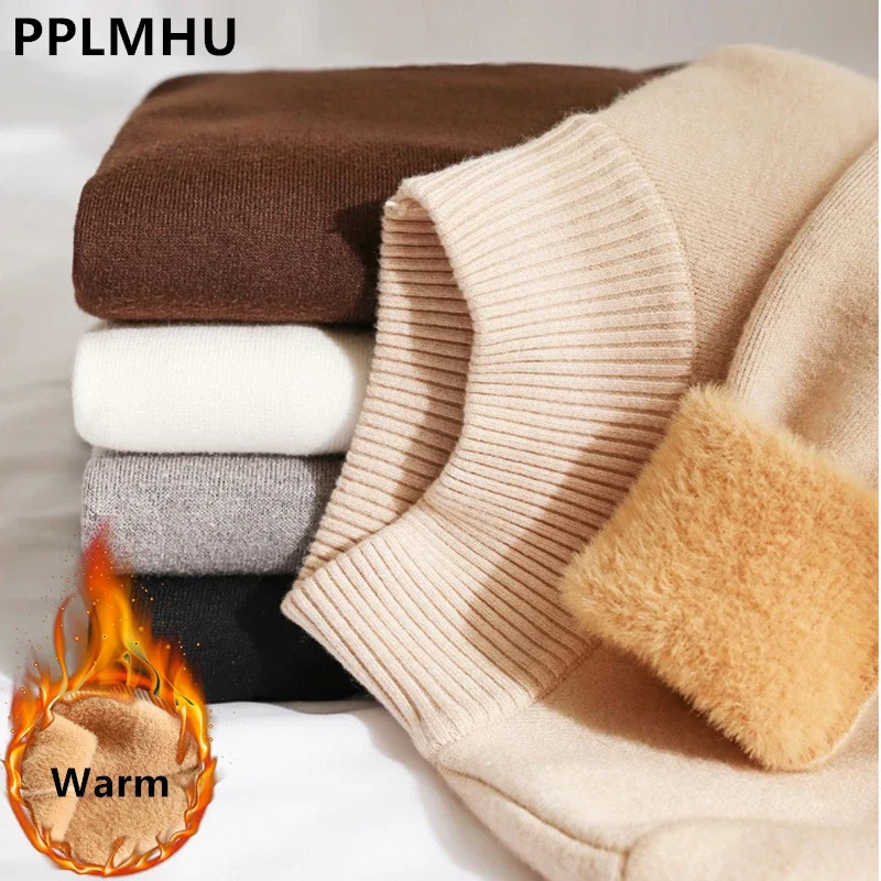 Half Turtleneck Sweater Women\'s Winter Warm Knit Pullover Casual Slim Poleras Thick Plush Lined Knitwear Jumper Long Sleeve Tops