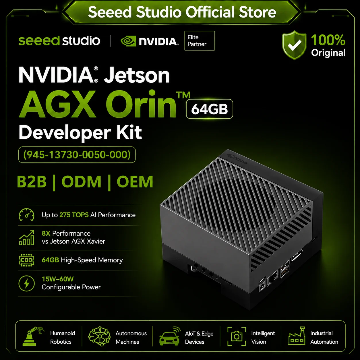 NVIDIA Jetson AGX Orin Developer Kit 64GB 275 TOPS for Edge AI, Robotics, Generative AI,  AI Video Analytics, Machine Vision