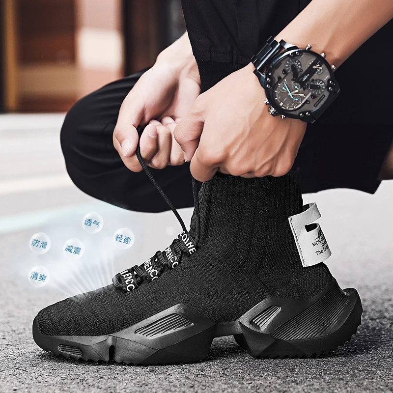 Light Men Sneakers High Top Sock Shoes Breathable Sports Walking Shoes Thick Bottom Men Casual Shoes Large Size 39-47