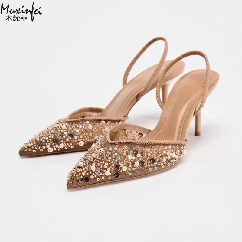 Damenschuhe, Sommer 2026 Neuheit, High Heels, Spitze Pailletten, Perlenbesetzte Business-Mode, Damen-Mueller-Schuhe – Detail 3