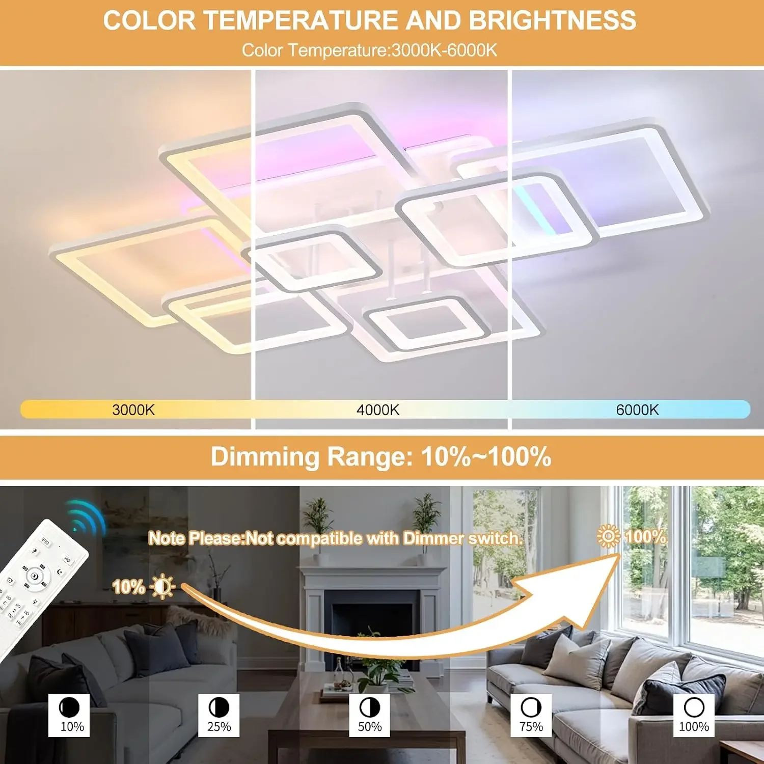 100W Modern LED Ceiling Light, Square Flush Mount Fixture | RGB Ambient Backlight, 3000K-6000K Adjustable Ceiling Light with Rem