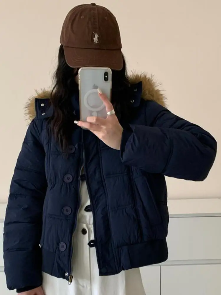 

Winter Blue Long Sleeved Single Breasted Hooded Zipper Cotton Bread Coat Women White Elegant Loose Warm Short Jacket Streetwear