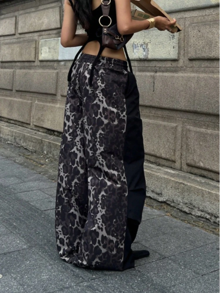 Trendy American patchwork leopard print fashionable niche casual pants high street style trendy high waist wide leg long pants