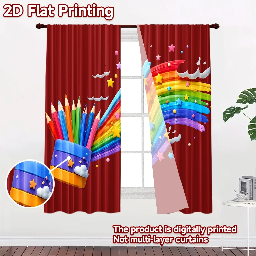 2D flat 2pcs Curtain Country Style Curtains Rainbow Pencil Burst Digitally printed polyester, colorfast Party & Holiday Decor