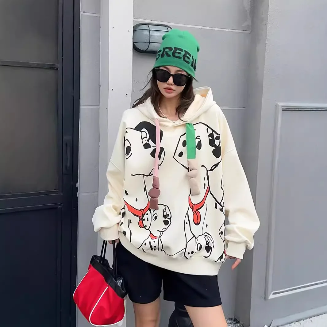 European Goods Oversizeds Hooded Sweatshirts Women 2024 Spring Autumn Mid-Length Loose Graffiti Cartoon Dog Printed Hoodies