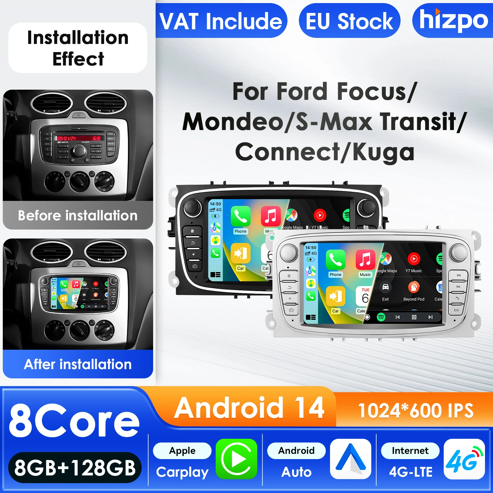 Hizpo Radio de coche de 7 pulgadas para Ford Focus s-max Mondeo Galaxy c-max Kuga reproductor Multimedia de Audio CarPlay Android Auto RDS WIFI 4G BT