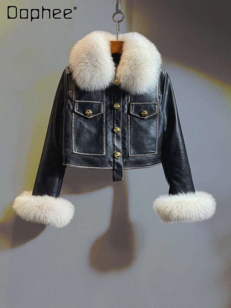 

Pu Leather Jacket Women Real Fox Fur Collar Down Liner Metal Button Short Coats Slim Black Street 2024 Winter New Fashion