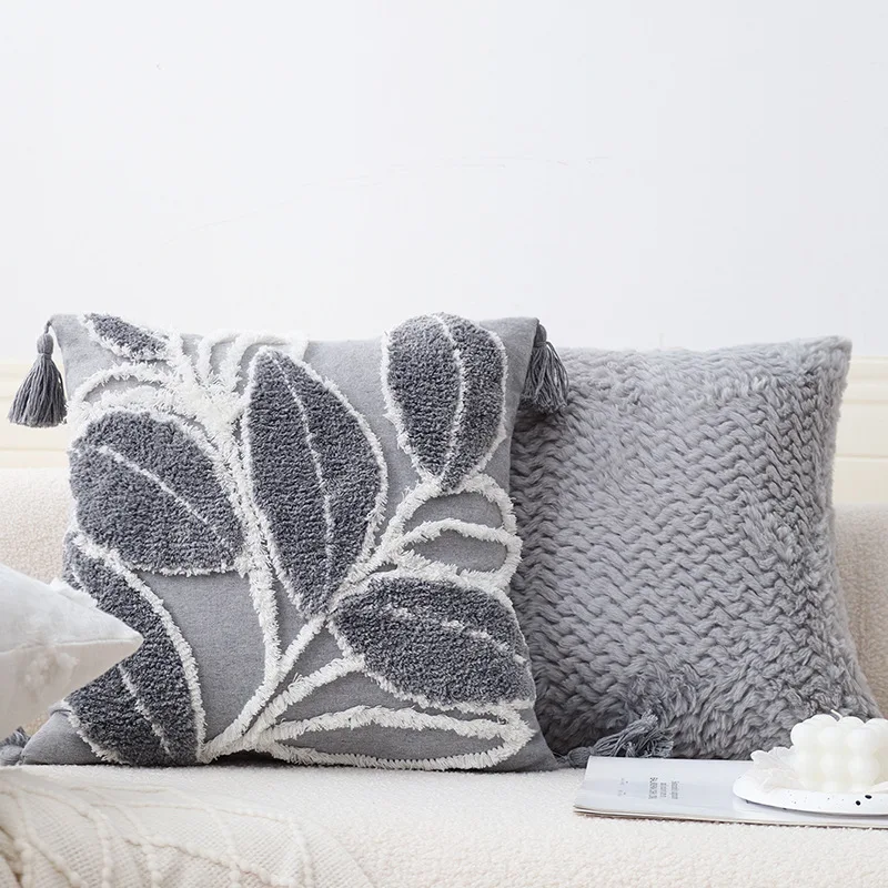 Gray Pillowcase Tufted Tassel Pillowcase Moroccan Sofa Cushion Cover Ethnic Vintage Style Sample Room Decorative Cushion Cover