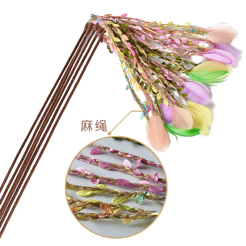 feather cat teaser colorful Leaves and twine cat toy with bell interesting Long tassel bendable pet toy