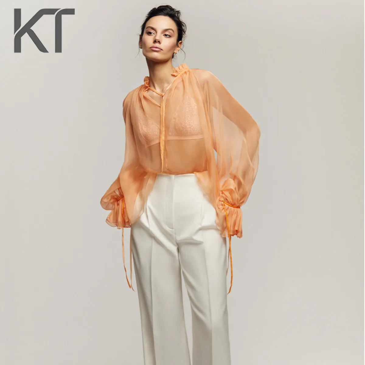 

KT Fairycore Peach Sheer Organza Blouse For Women Ruffle Collar Puff Sleeve V Neck Loose Fit Party & Holiday Tops