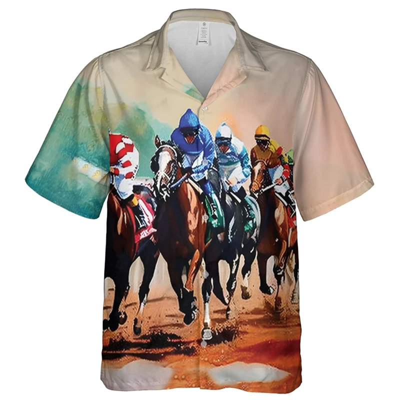 

Hawaii Holiday Shirt Men's Clothing 3D Printed Funny Animal Pattern Shirts 2025 Fashion Trend Horse Racing Short Sleeves Blouse