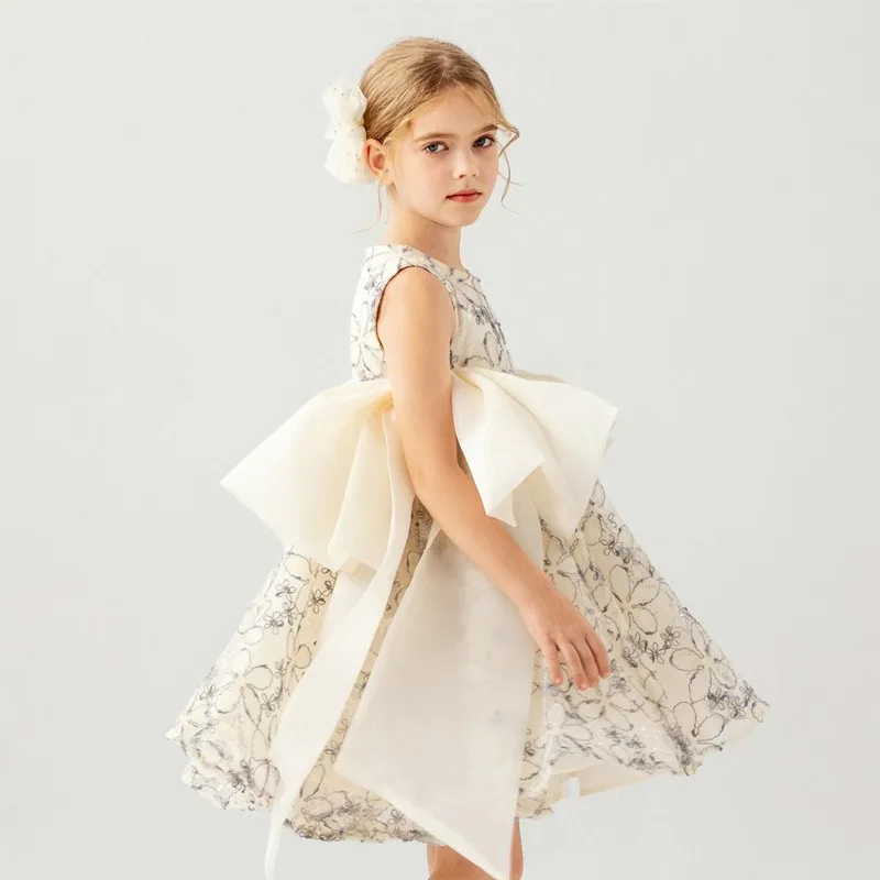 Children's patchwork bow print ALine dress princess dress summer new sleeveless lace A-line version for girls