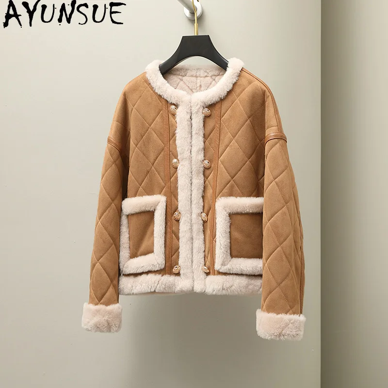 

AYUNSUE 100% Wool Coat Women Winter Clothes Female Fur Integrated Short Style Sheep Shearling Jacket Пальто Женское New in Coats