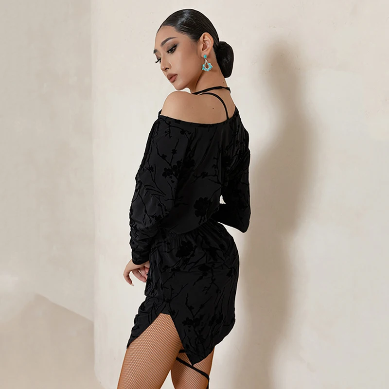 Slant Shoulder Latin Dance Dress Women Loose Long Sleeves Practice Clothes Rumba Salsa Dance Performance Wear Black Dress BL9534