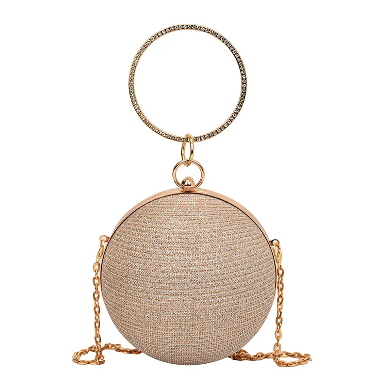 

Gold Bright Silk Circular Evening Bag Women Banquet Clutch Rhinestone Decor Chain Shoulder Bags Luxury Female Party 만찬 가방