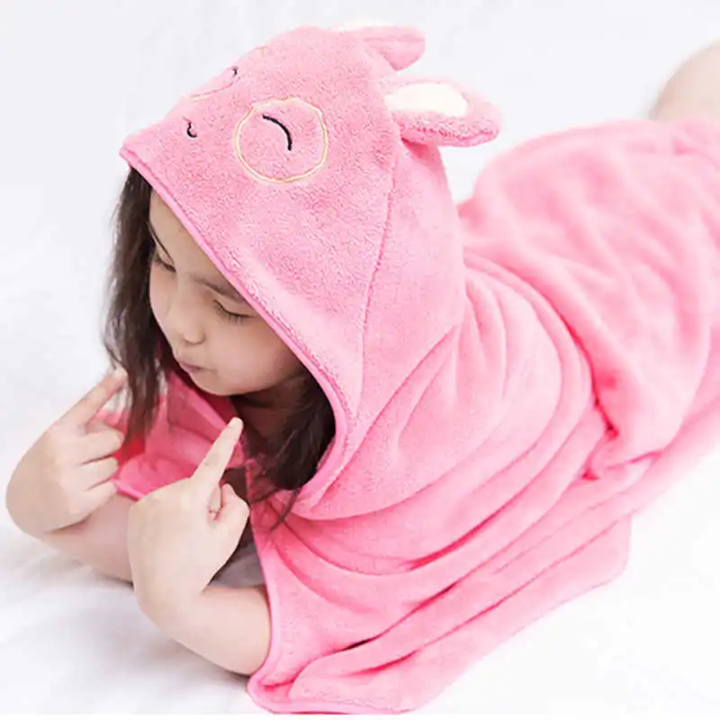 Cute Hooded Bath Towel Poncho Robe For Kids Children Velvet Pink Rabbit Yellow Duck Cyan Bear Travel Beach Towels Baby Bathrobe