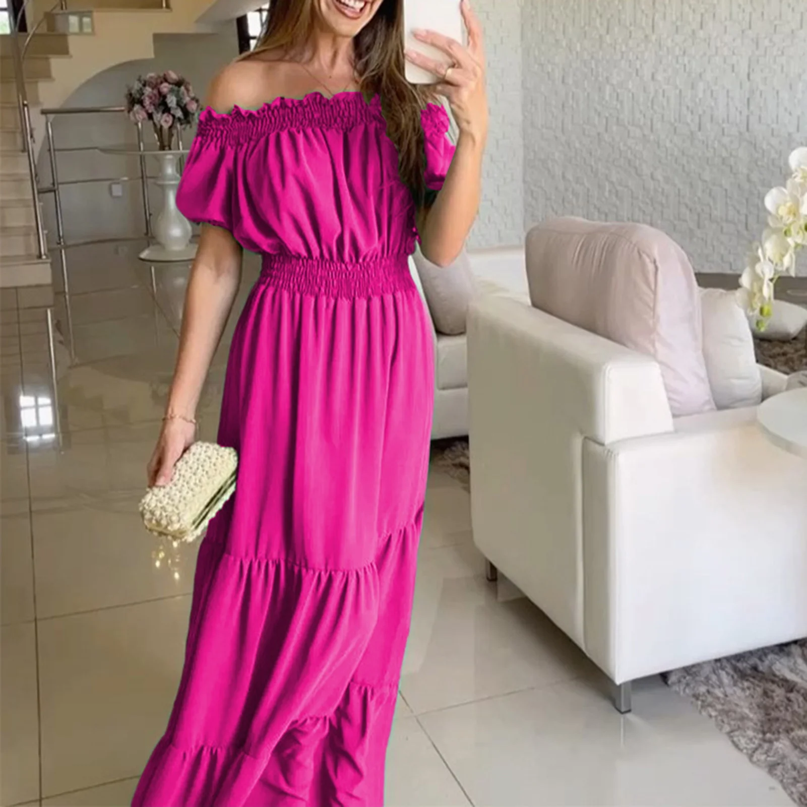 Boho Dresses for Women 2024 Summer Sexy Off Shoulder Solid Color Flare Sleeve Tunic Dress Women Casual Mini Sundress Vestido