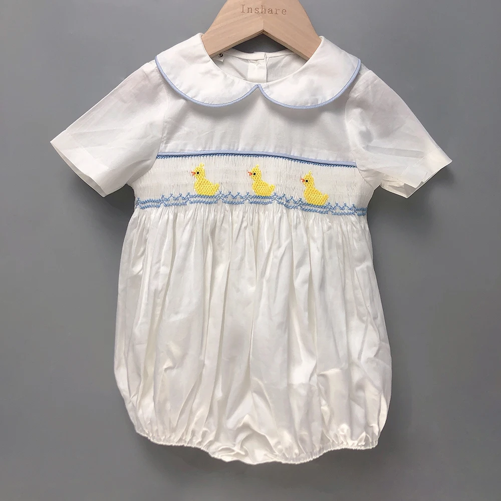 Children Boutique Clothing Summer BABI Boy Girl Handmade Smocked Cute Duck Embroidered Bubble Cotton Short Sleeves Christening