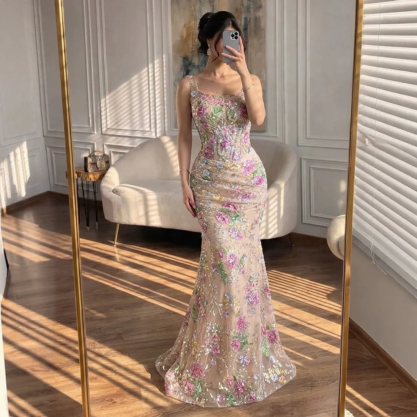 Luxury Pink Beaded Mermaid Evening Dress Spaghetti Strap