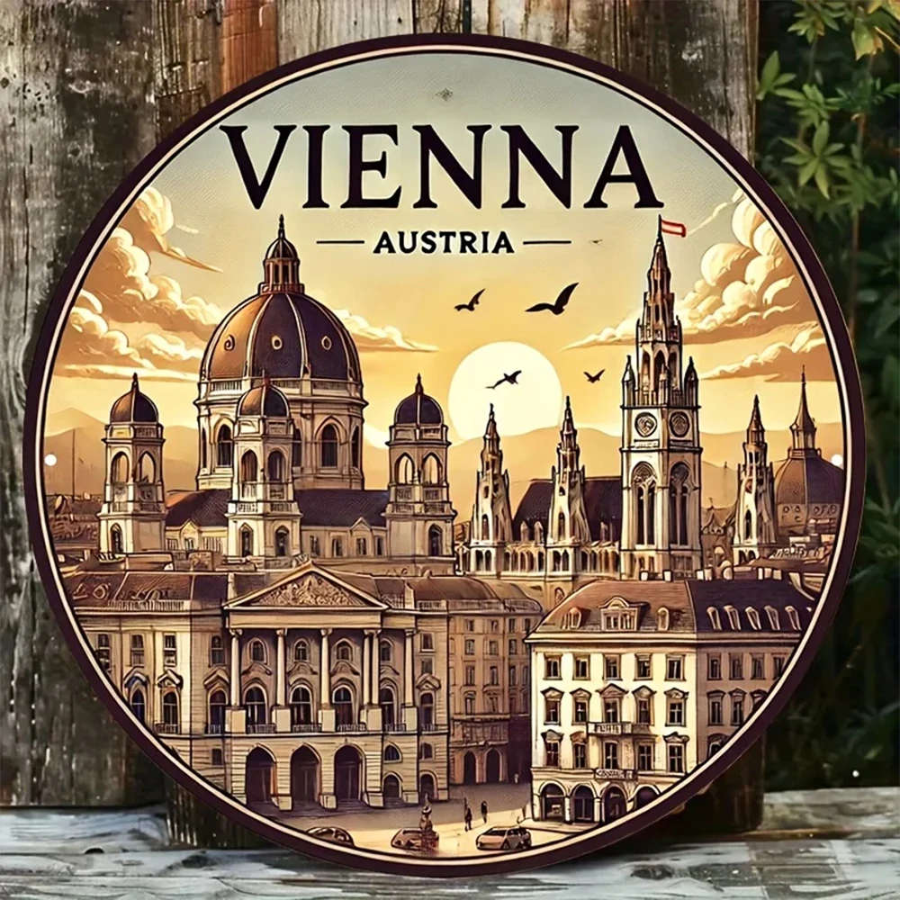 [2D Flat] 8X 8inch Round Aluminum Wall Signs - Vintage Decoration of Vienna Cityscape, Featuring St. Stephen's Cathedral and Hofburg Palace - Per