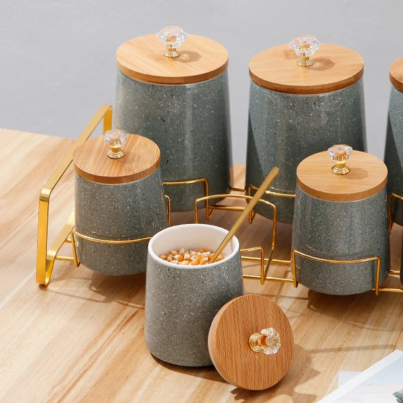 

Crystal Handle Wooden Cover Ceramic Airtight Jar Kitchenware Food Container Storage Tank Whole Grains Storage Box Home Organizer