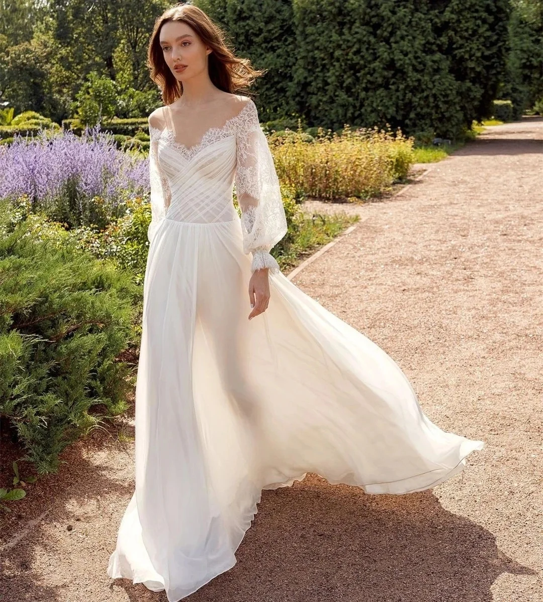 

Beautiful Dress Custom Wedding Dress Sheer O-Neck Off-Shoulder Long Sleeve A-Line Chiffon Long Women Country Style Bridal Dress