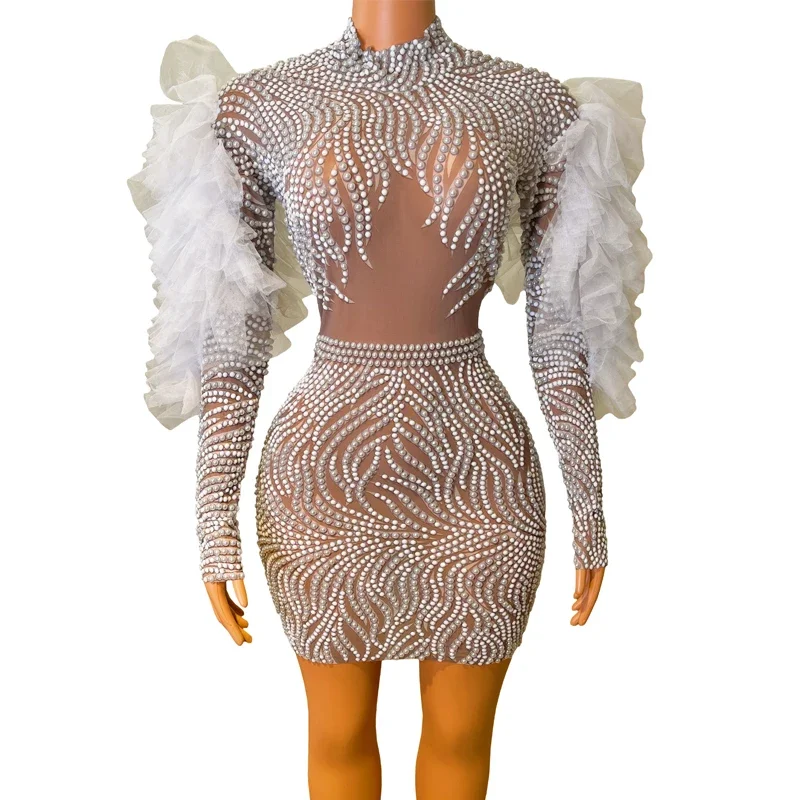 Mode Silber Strass Party Kleid Frauen Spitze Ärmeln Abendkleider Feiern Prom Kleid Bühne Festival Outfit XS7138