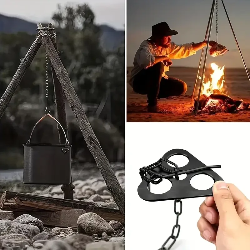 3pcs Stainless Steel Portable Camping Tripod, Multi-Function Keychain - Foldable Outdoor Cooking Stand for Hanging Pots, Barbecu
