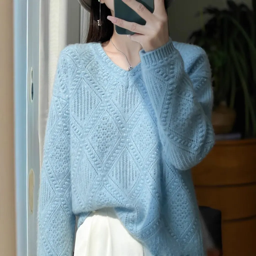 

Осенне-зимний вязаный свитер из 100% чистой шерсти с v-образным вырезом, свободный крой, модный топ для женщин, универсальный ленивый стиль