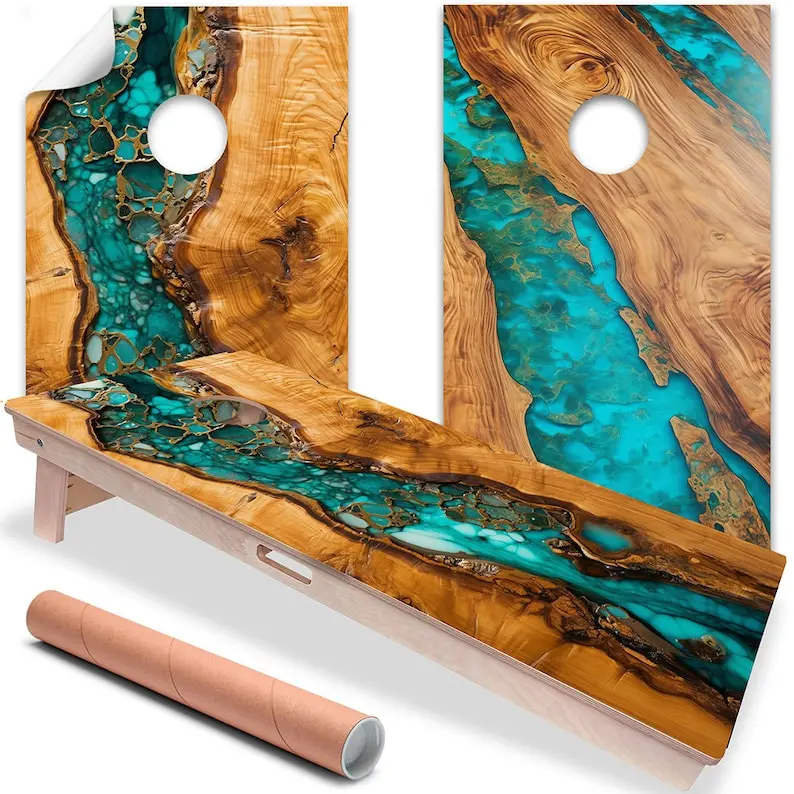 Ensemble de 2 décalcomanies à trous de maïs, autocollant de couverture en vinyle professionnel, bord rond en bois turquoise, plus de modèles au choix