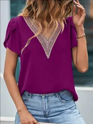 Elegante Vrouwen Blouse Mode Shirt 2023 Zomer Effen Bloemblaadje Korte Mouw Holle Kant Paneel Vrouwelijke Commuter Kantoor Chiffon Shirt S