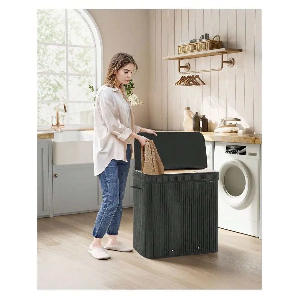 Laundry Hamper With Lid, Bamboo Laundry Basket, Removable Machine Washable Laundry Basket, With Handles, 39.6Gallonslaundry Ham