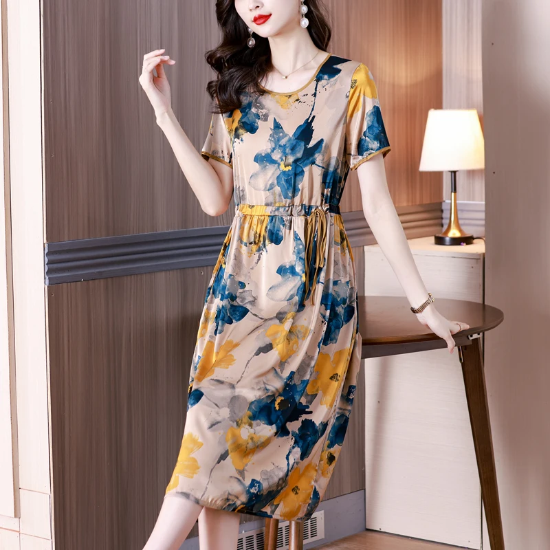

2023 High Quality Floral Natural Silk Satin Midi Dress Women Korean Vintage Casual Dress Summer Elegant Loose Waist Party Dress