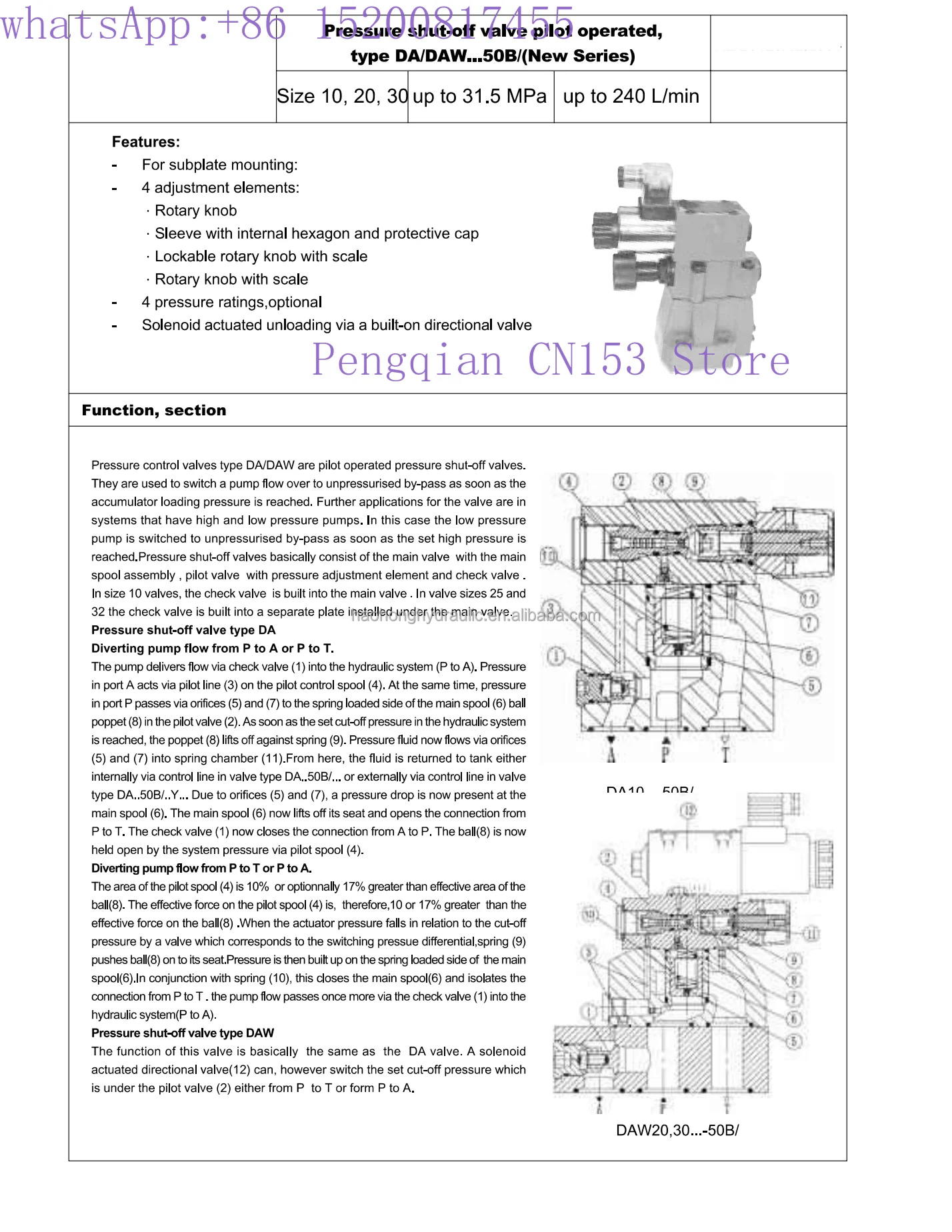 DA10 hydraulic pilot operated unloading valve