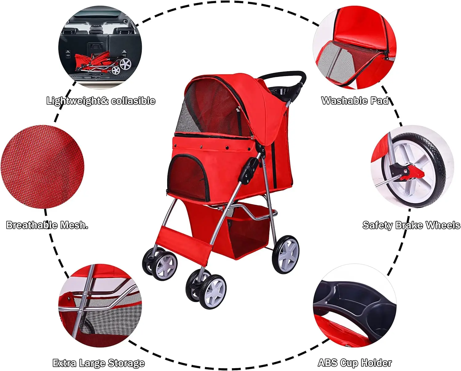 Kinderwagen Voor Huisdieren, 4 Wielen Multifunctionele Hondenkattenwandelwagen, Opvouwbare Draagbare Reiswandelwagen Met Afneembare Drager, Rood