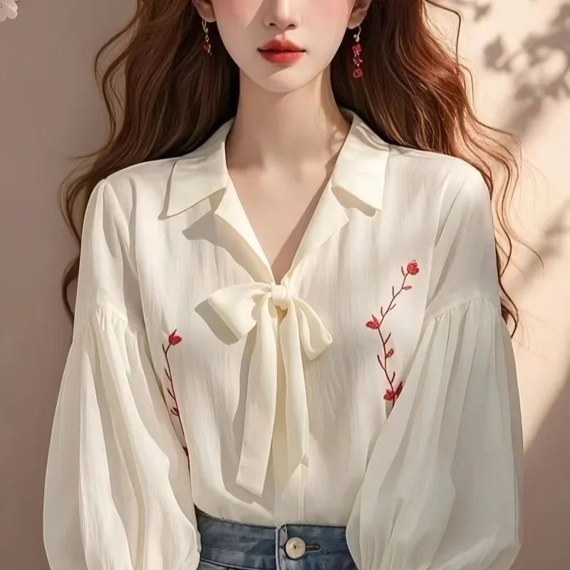 بلوزات شيفون نسائية قمصان كورية مطبوعة موضة فضفاضة للربيع/الصيف بفيونكة ملابس عتيقة بأكمام طويلة ملابس علوية للسيدات