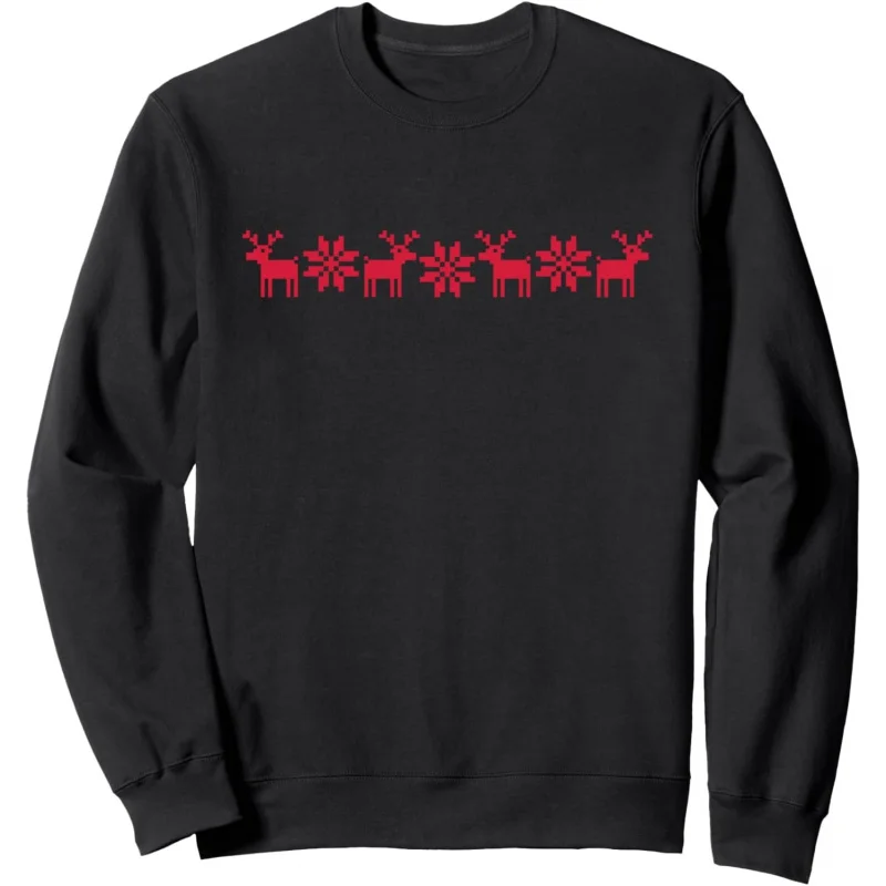 

Christmas Men's and Women's Casual New Fashion Long Sleeve Elk Norway Pattern Snowflake Sports Shirt Black