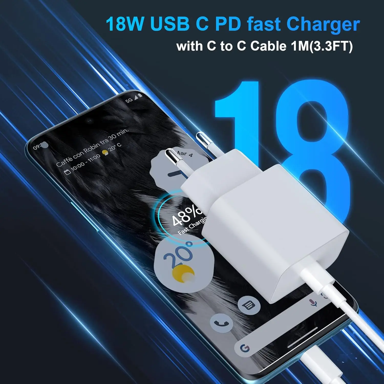 18W PD Fast Charger For Google Pixel 8 7 6 Pro 3 4 XL 2XL 7A 6A 5A 8A 4A Quick Charge Power Adapter EU USB C To Type C Cable