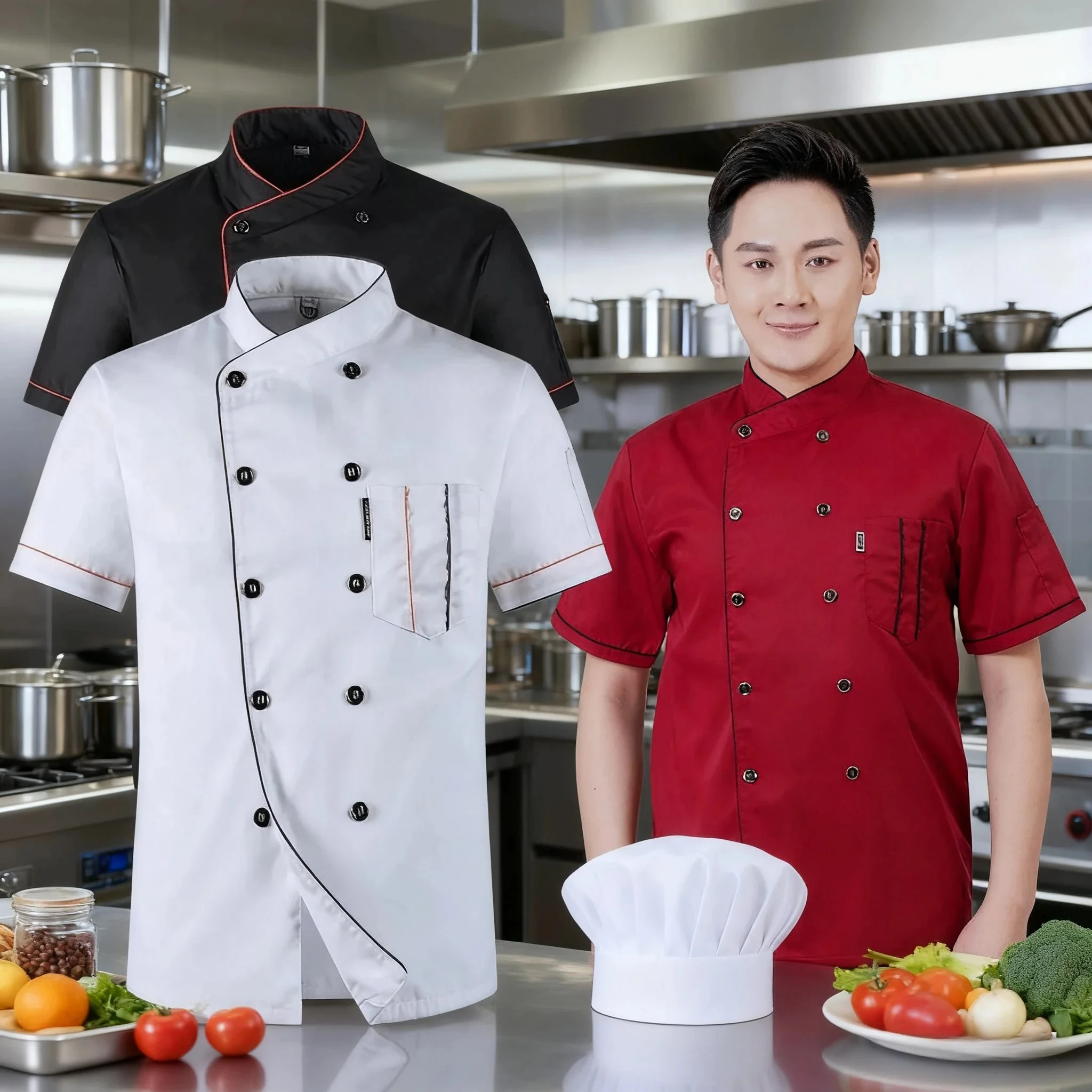 Restaurant Hotel Clothes Chef Jacket Short Sleeve Cook Coat Barista Baker Work Uniform Waiter