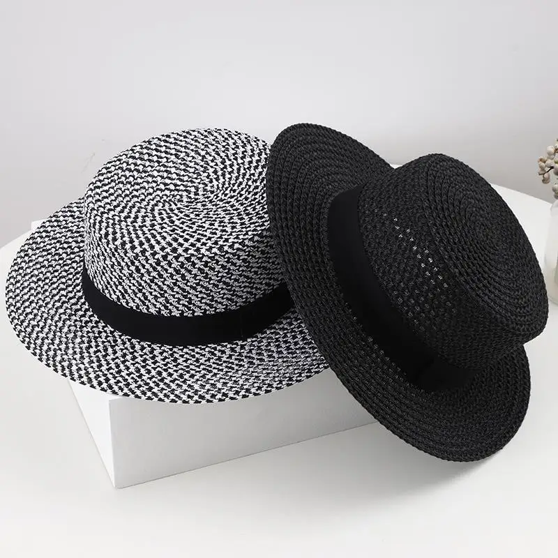 

Black and White Hat Women's Summer British Retro Breathable Hollow Woven Straw Hat Seaside Sunshade Sunscreen TravelVacation Hat