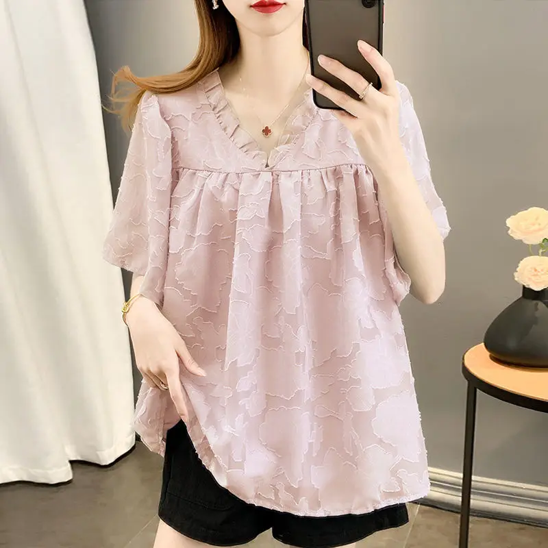 Fashion V-Neck Solid Color Spliced Ruffles Blouse Women\'s Clothing 2024 Summer New Oversized Casual Pullovers Loose Korean Shirt