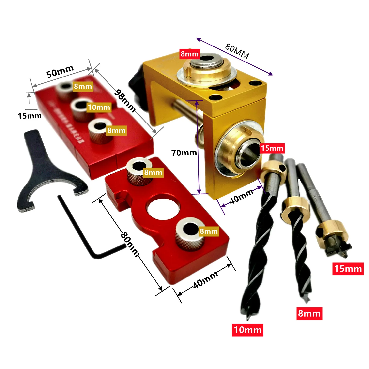 3 In 1 Dowel Jig Aluminum Alloy Pocket Hole Jig 8/10/15mm Drill Guide Locator for Wood Board Splicing Woodworking Tool